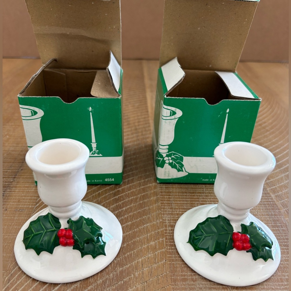 Vintage Pair Lillian Vernon Christmas Candle Holder White Ceramic Holly NIB